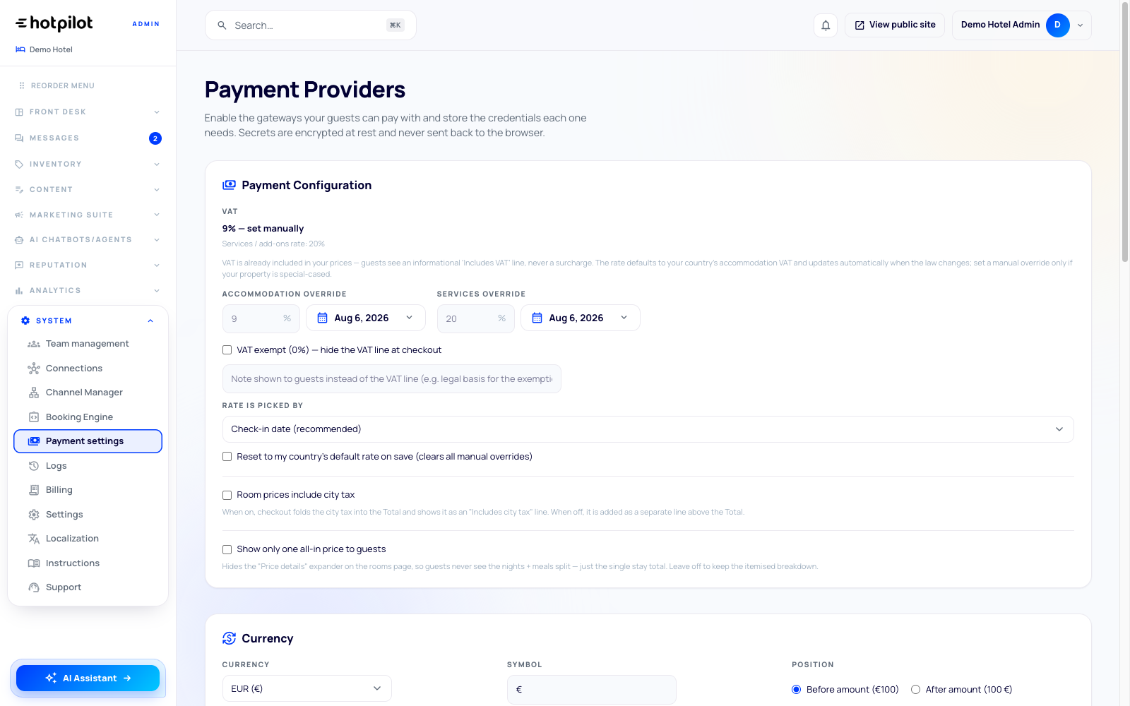 HotPilot Deposits, VAT & City Tax