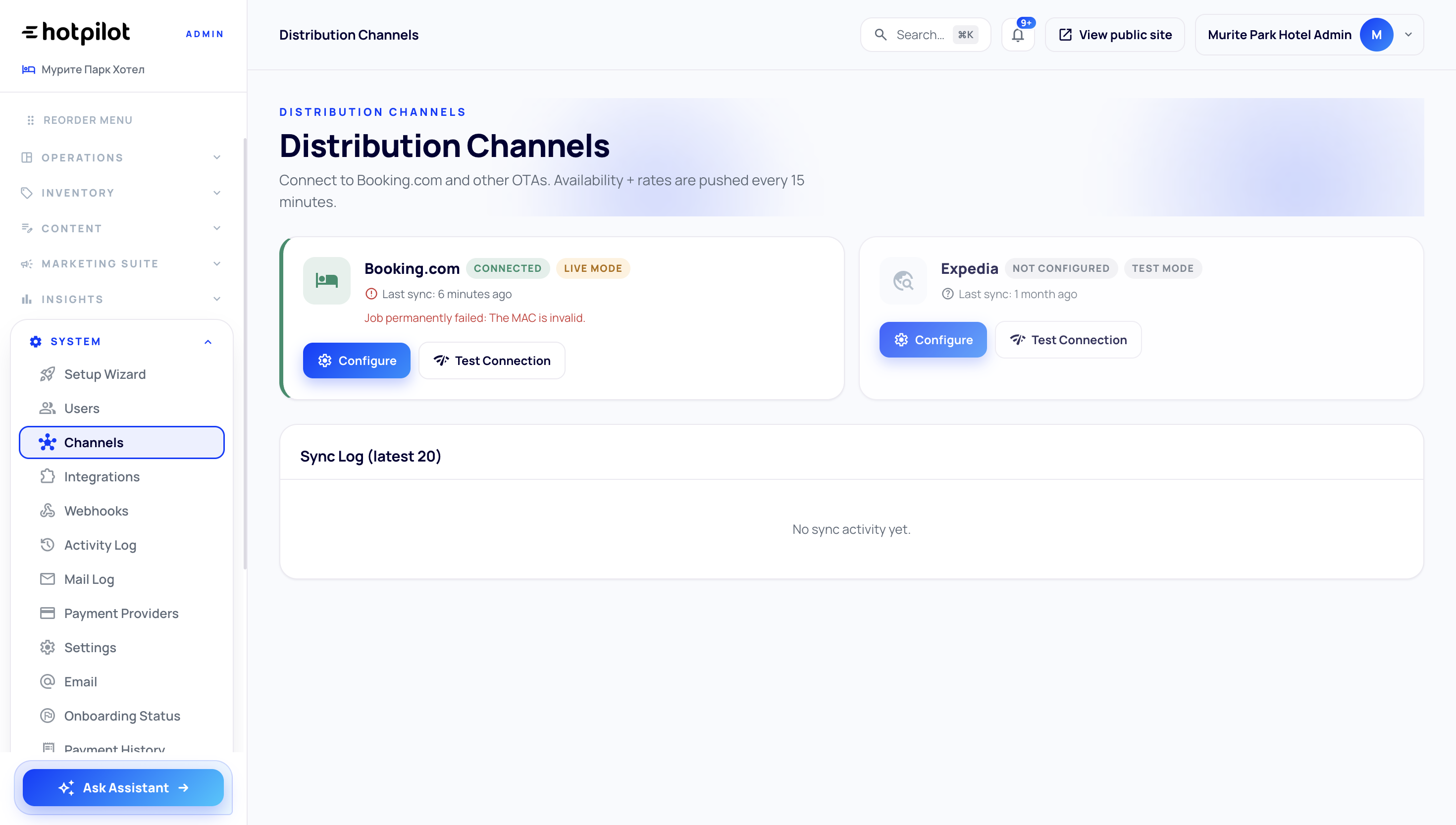 Channel Manager Dashboard