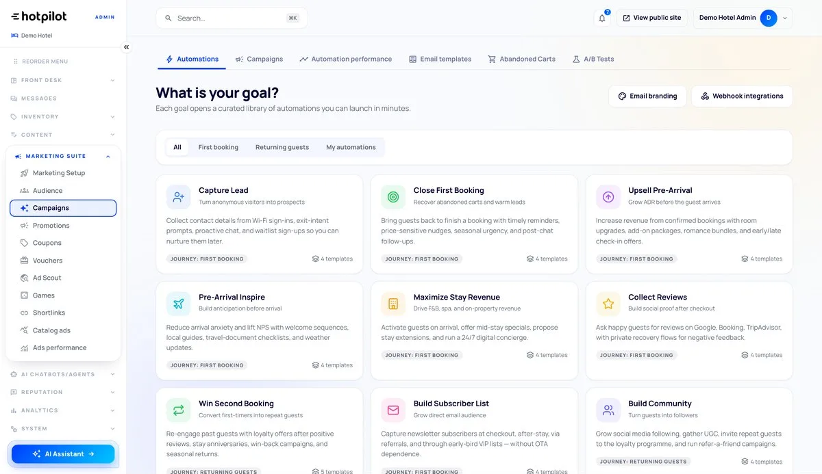 HotPilot admin: the Automations list with the follow-up journeys a property runs