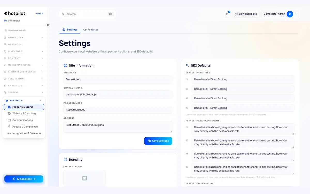 HotPilot admin: Settings with the site information and SEO defaults of one property