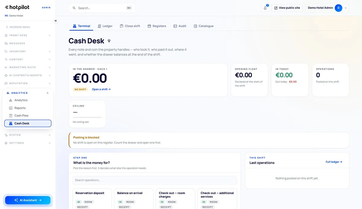 HotPilot admin: the cash desk with the open shift