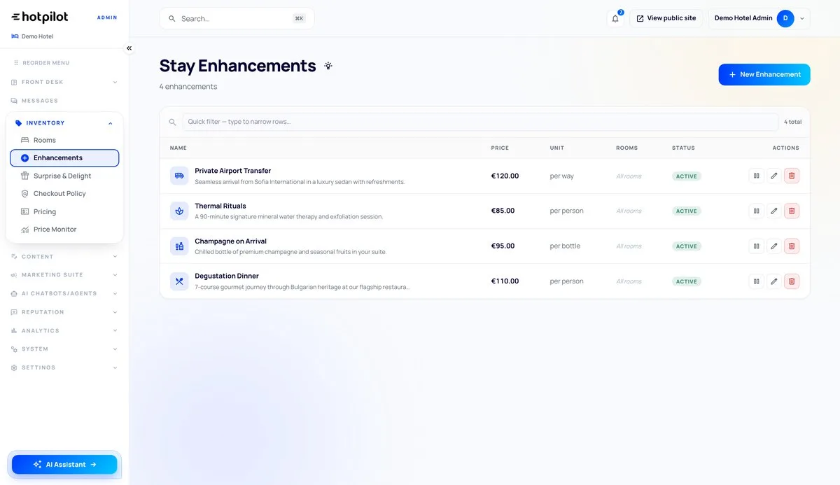 HotPilot admin: the enhancements a guest can add to a stay