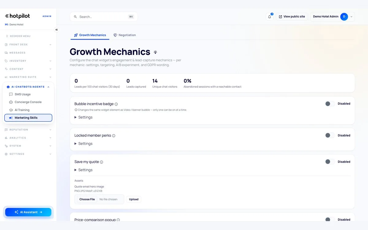 HotPilot admin: Growth Mechanics, where each mechanic is switched on or off