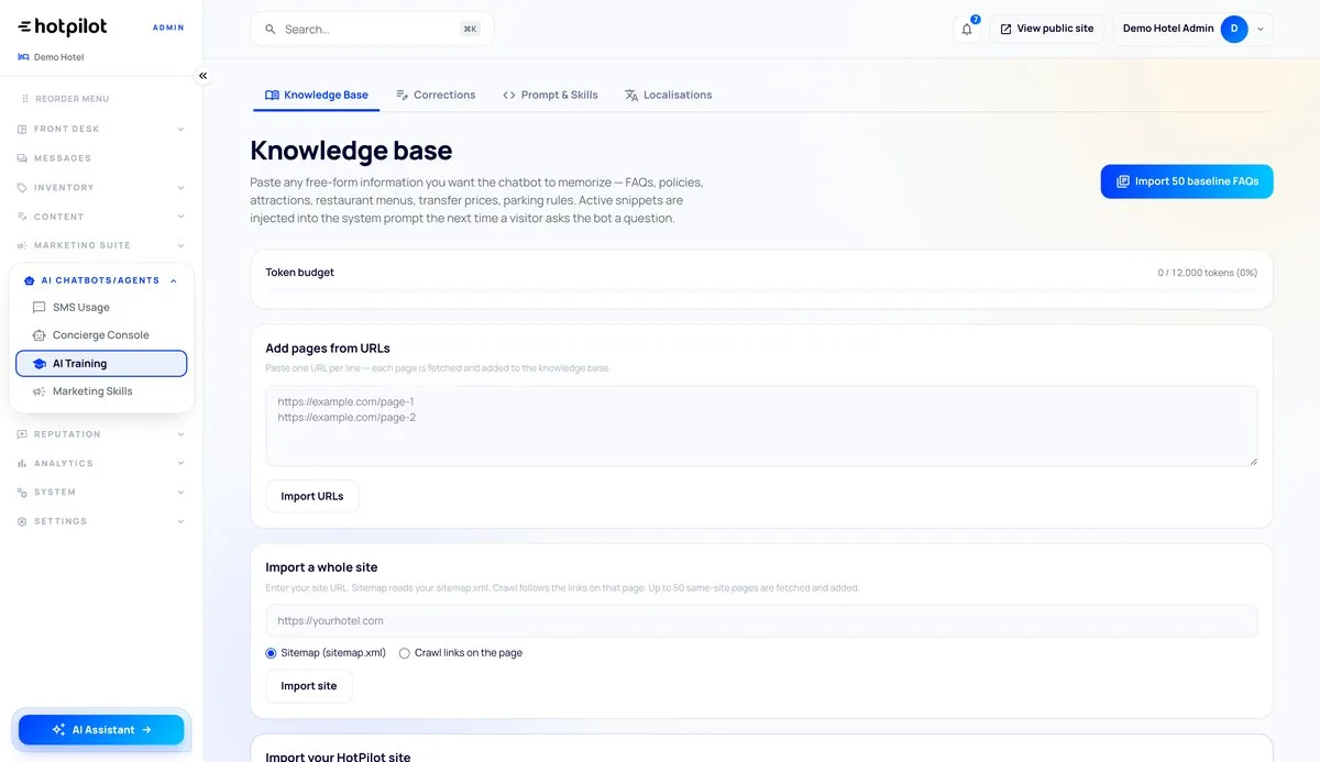HotPilot admin: the concierge knowledge base of a property