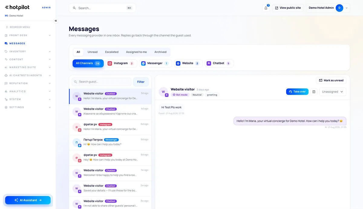 HotPilot admin: one inbox for guest messages from every channel