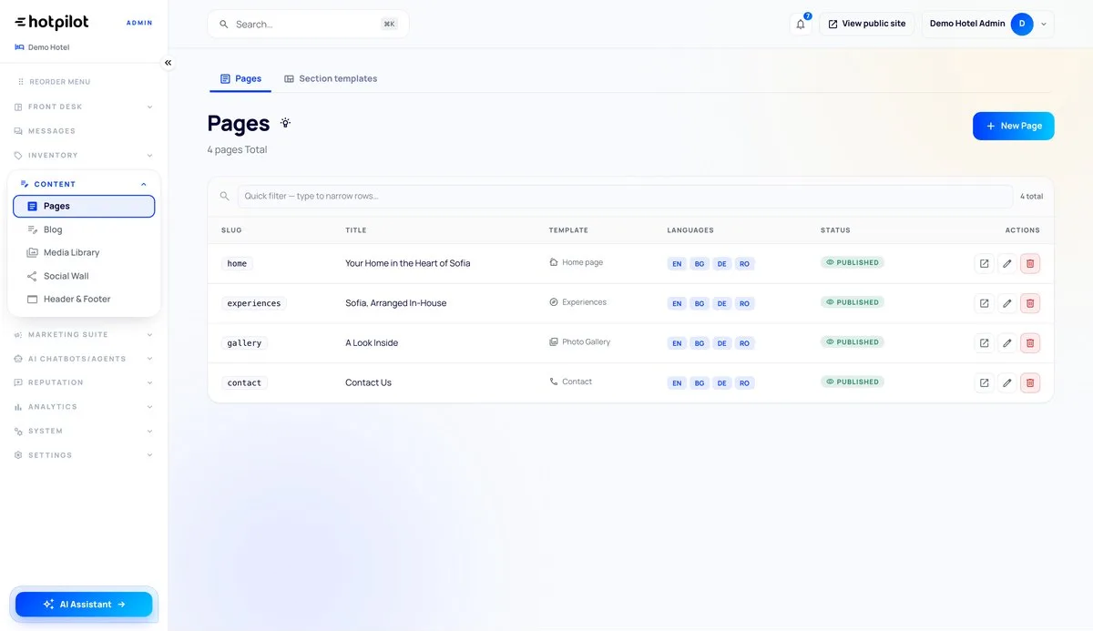HotPilot admin: the website pages built from sections