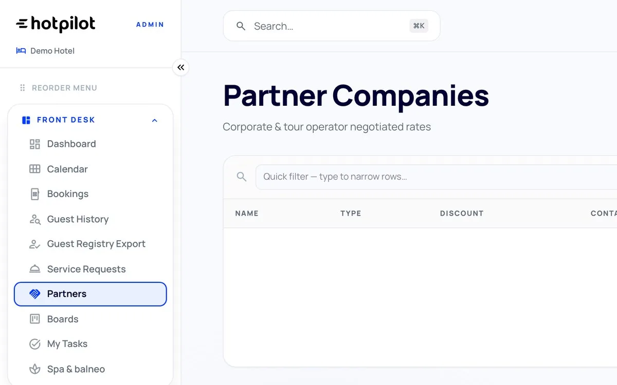HotPilot admin: the partner companies screen