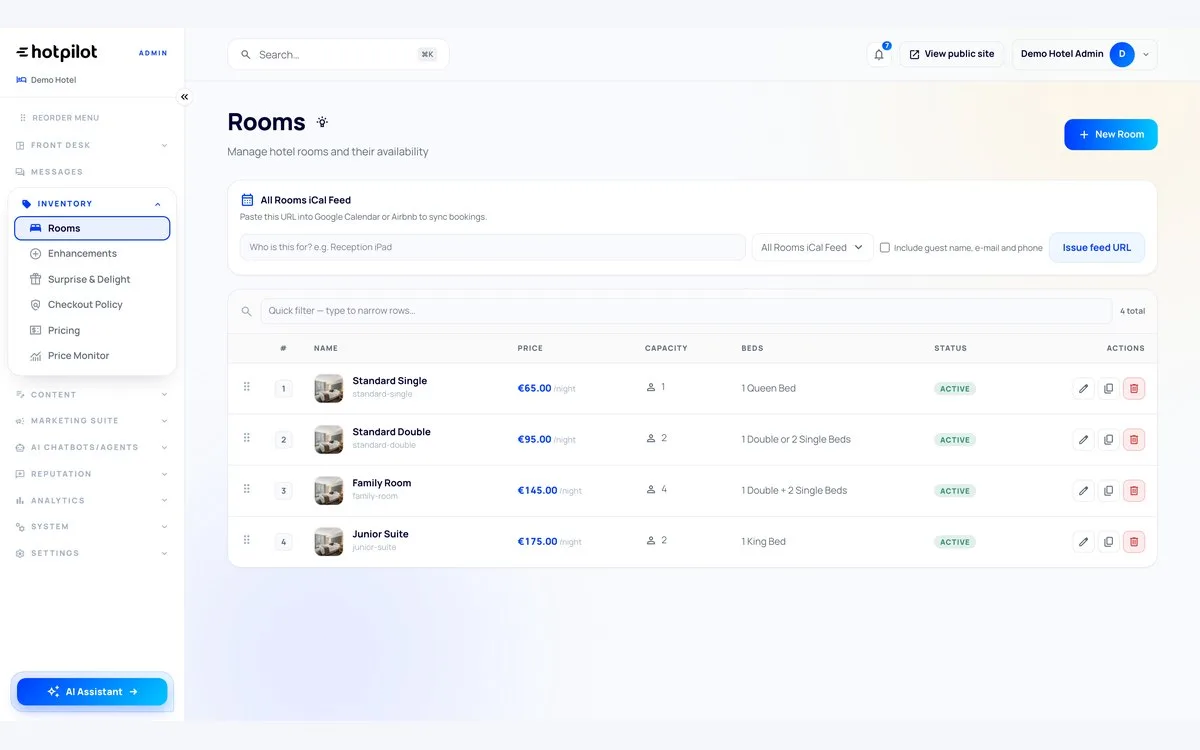 HotPilot admin: the room types of a property with their prices and capacity