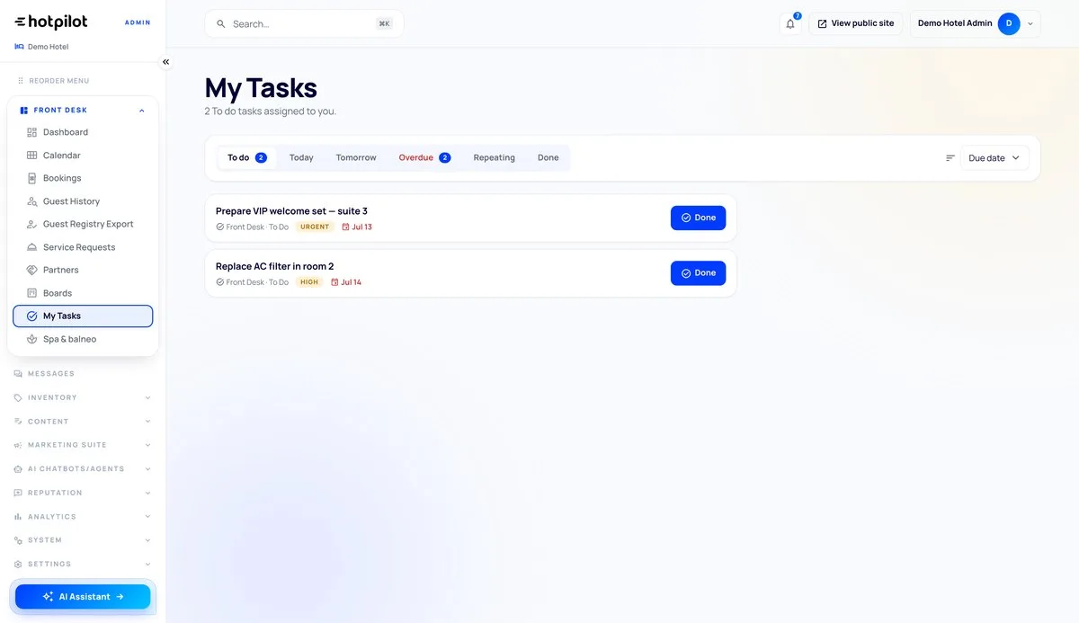 HotPilot admin: the task board where guest requests land