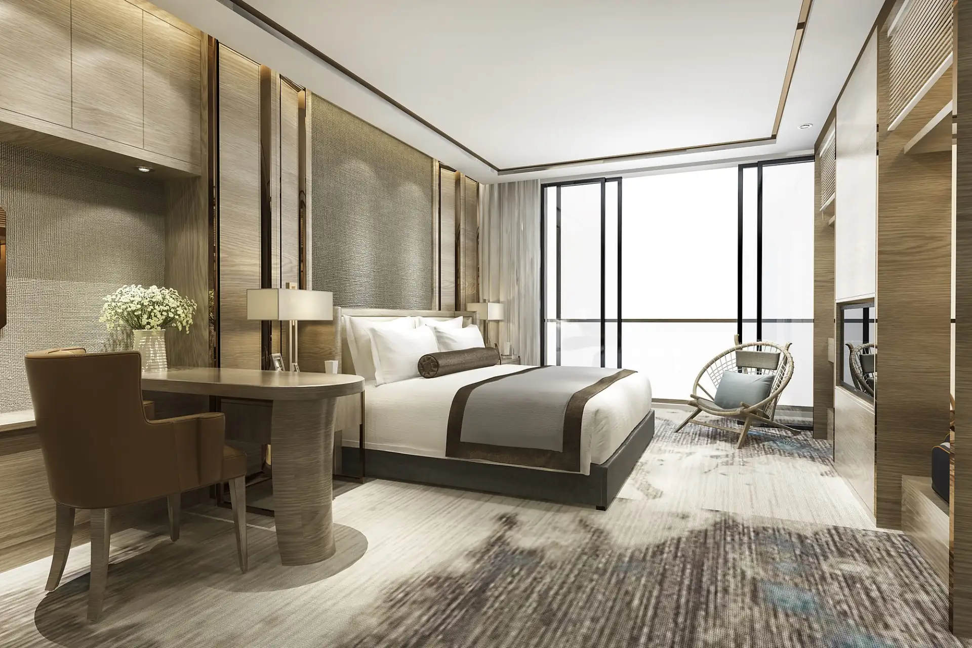 Contemporary hotel room with a large bed and floor-to-ceiling windows
