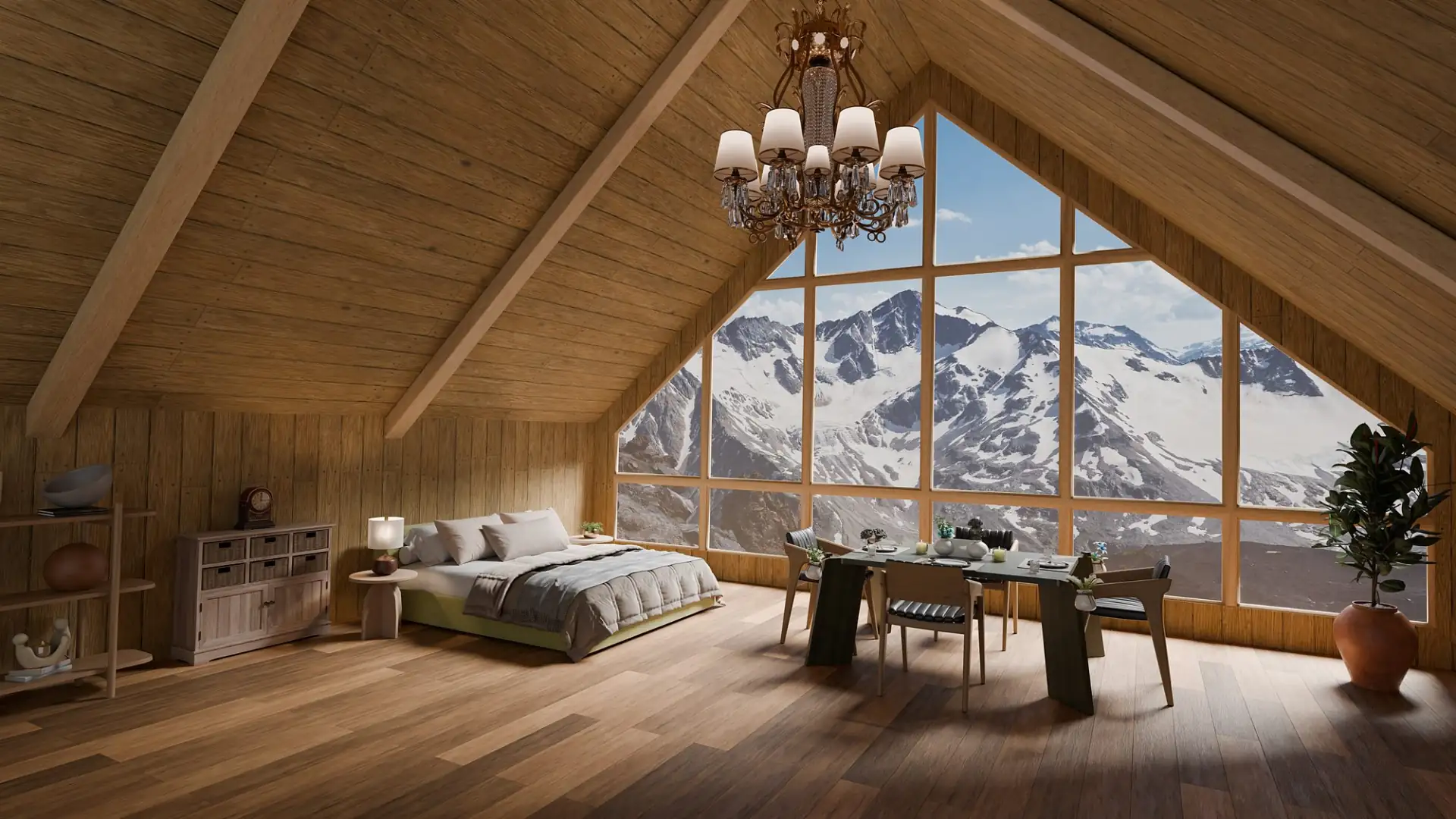 Attic guest room with wooden beams and a wide window onto snow-capped mountains
