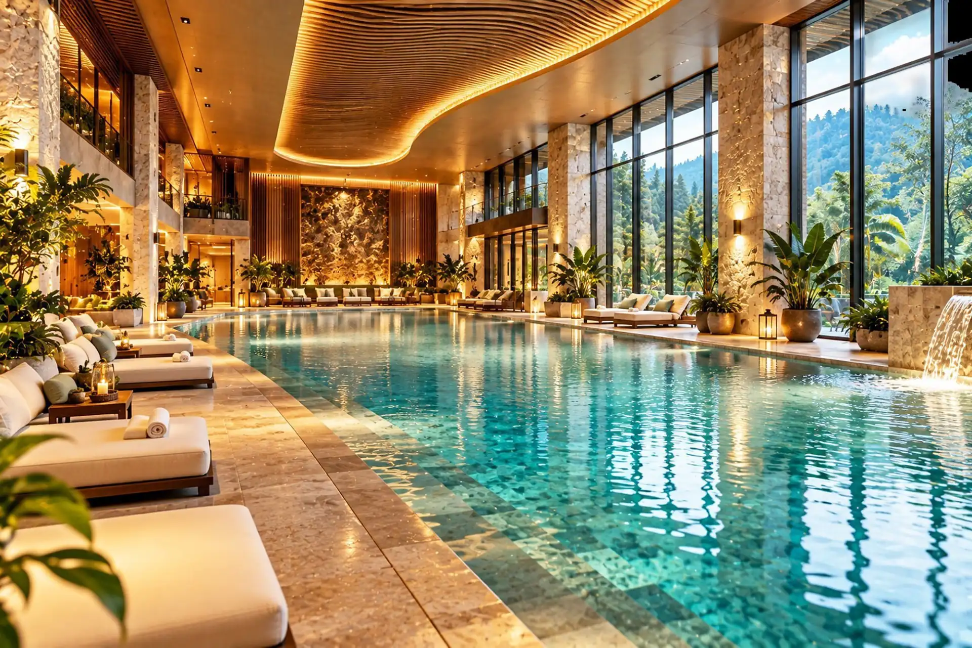Indoor spa pool with loungers under a warm wooden ceiling
